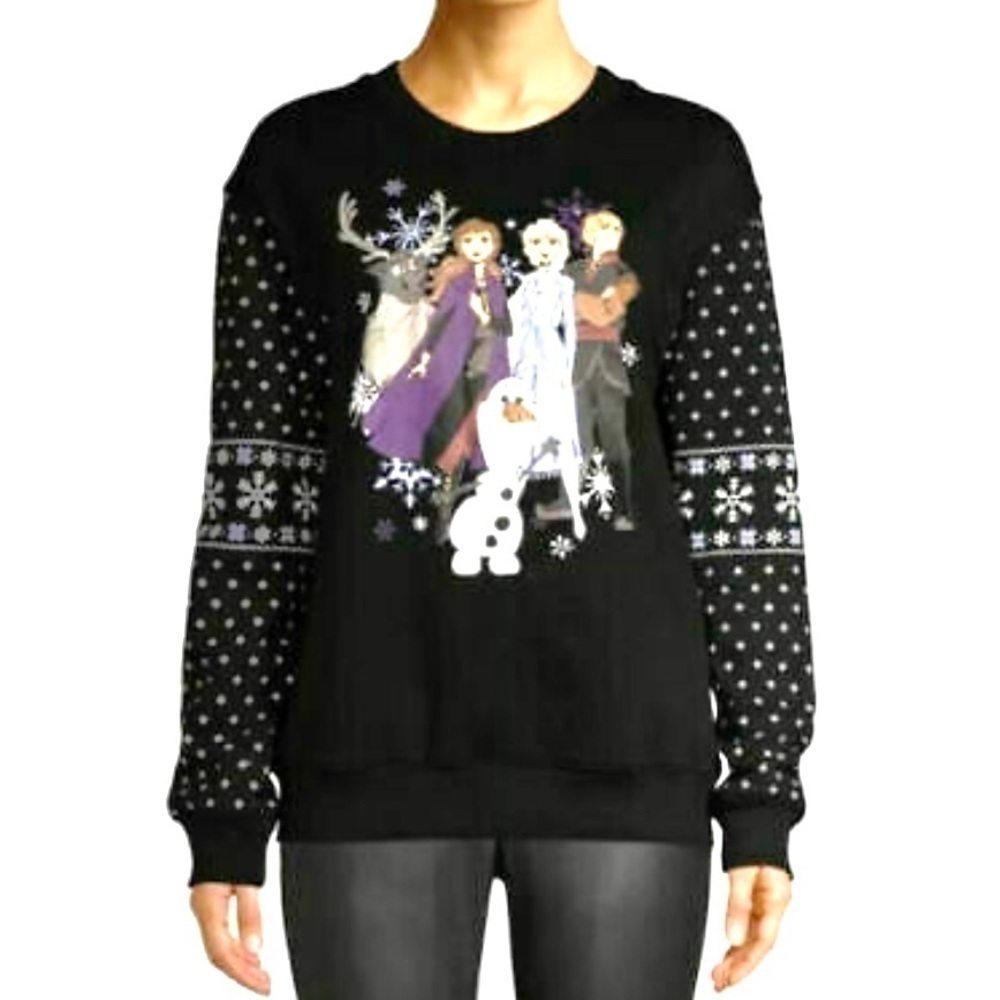 DISNEY FROZEN 2 Sweatshirt Elsa Anna Olaf Kristoff Sven Black women’s size L